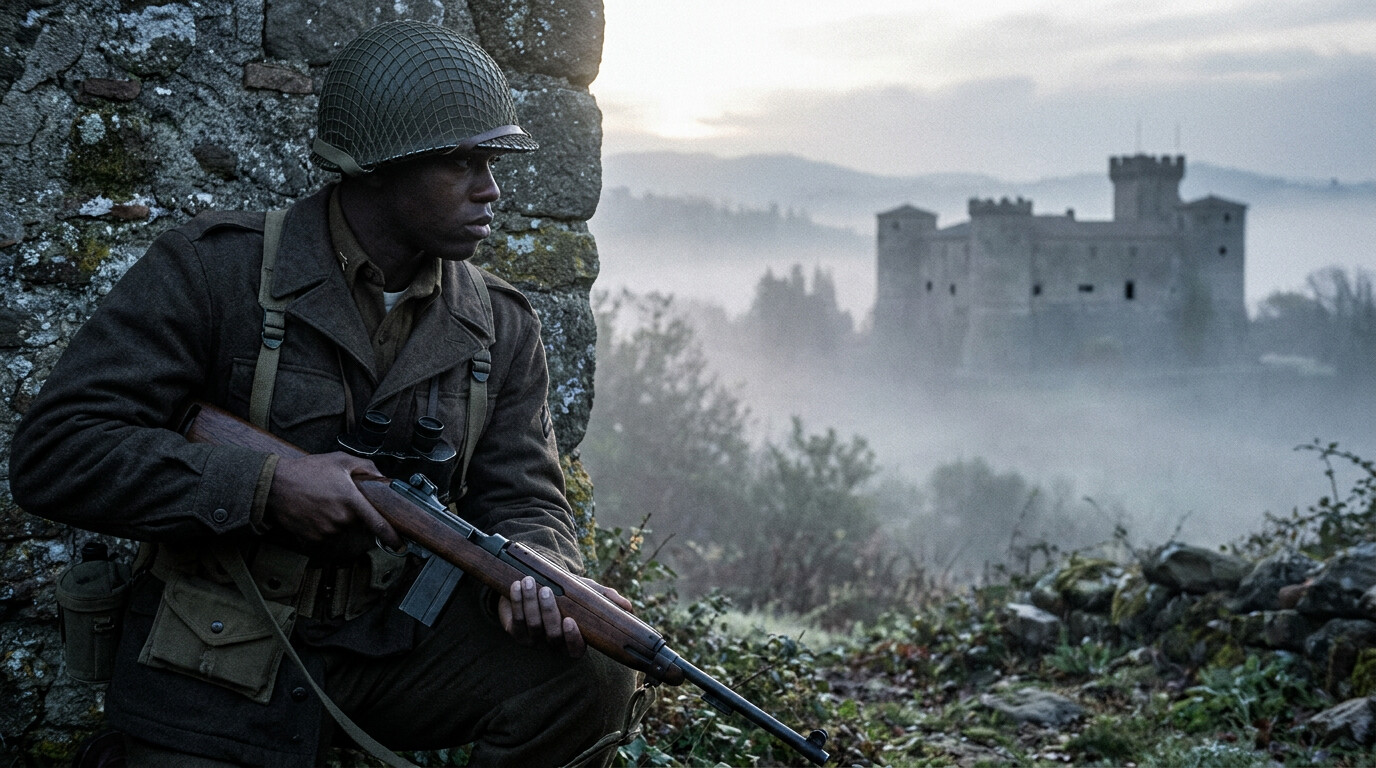 Baker crouched behind stone wall studying German machine gun positions at medieval Castle Aghinolfi
