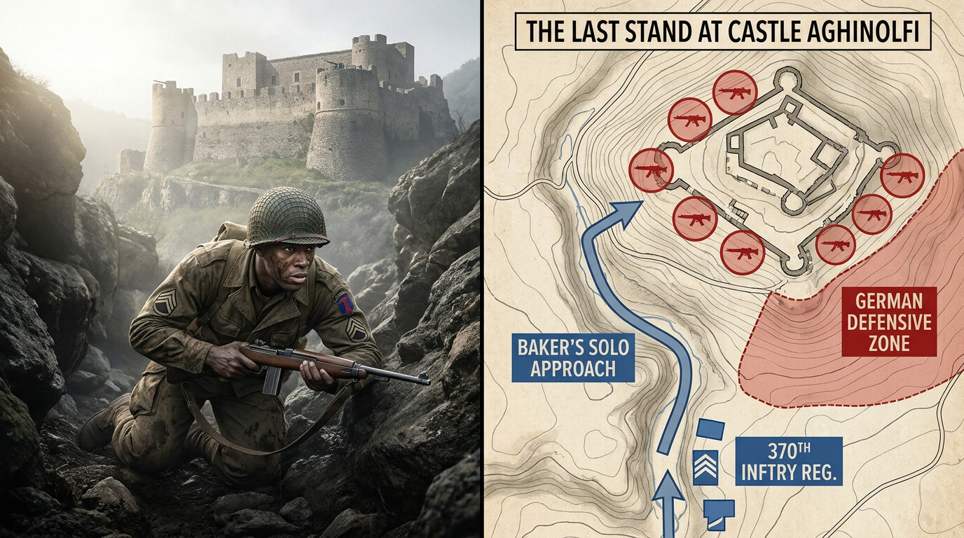 Baker making his dangerous solo approach through the gully, carbine ready, with German positions ahead