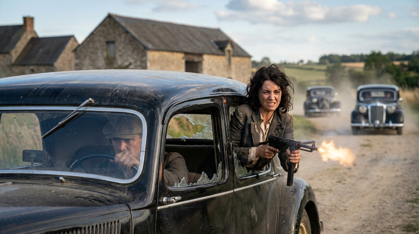 Violette Szabo in the passenger seat of a Citroën, firing her Sten gun through the shattered rear window during the running gun battle