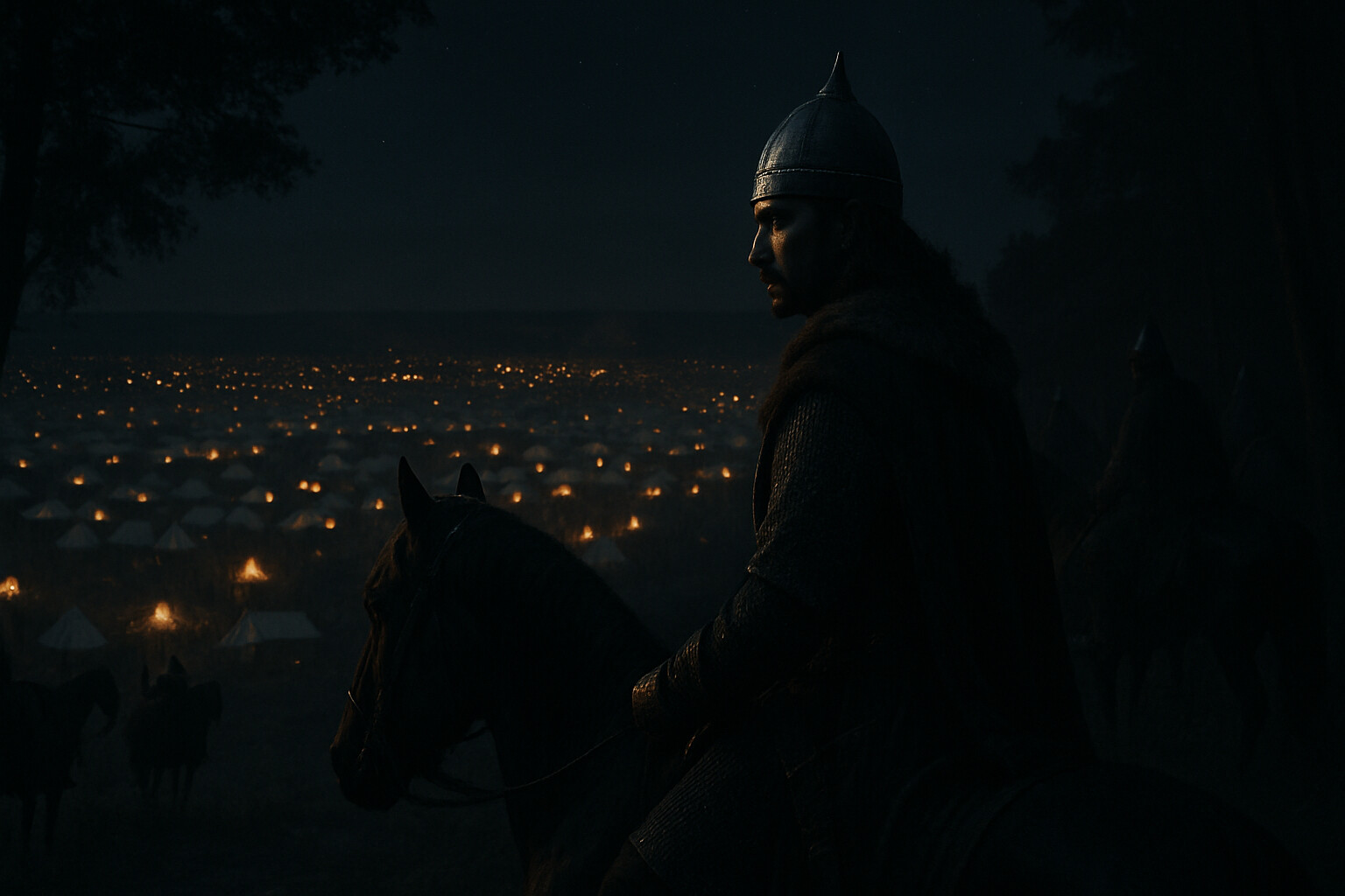Cold open: Vlad III on horseback at the tree line at night, studying the vast Ottoman camp whose fires fill the plain below. His face is in partial silhouette, expression controlled, calculating. Thousands of Ottoman campfires stretch to the horizon.
