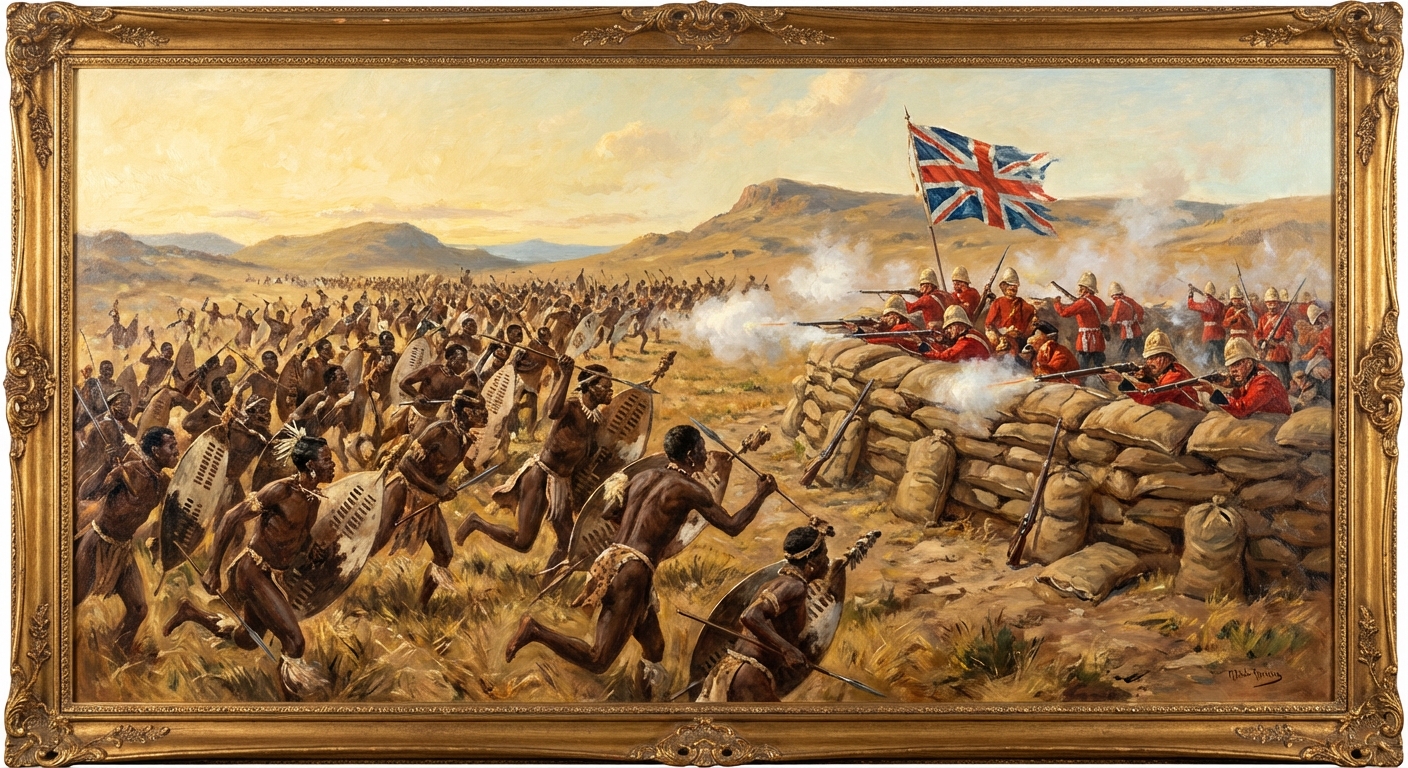 Zulu warriors charging the barricade