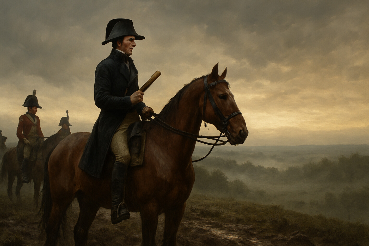 Wellington on horseback on the Mont-Saint-Jean ridge at dawn, surveying the field before the battle begins. Rain-soaked ground, early light, his staff nearby.