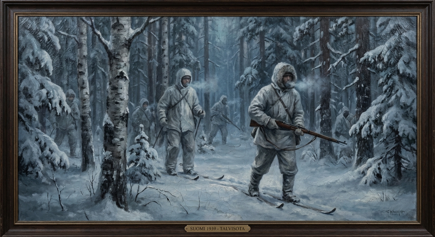 Finnish soldiers in white camouflage in winter forest