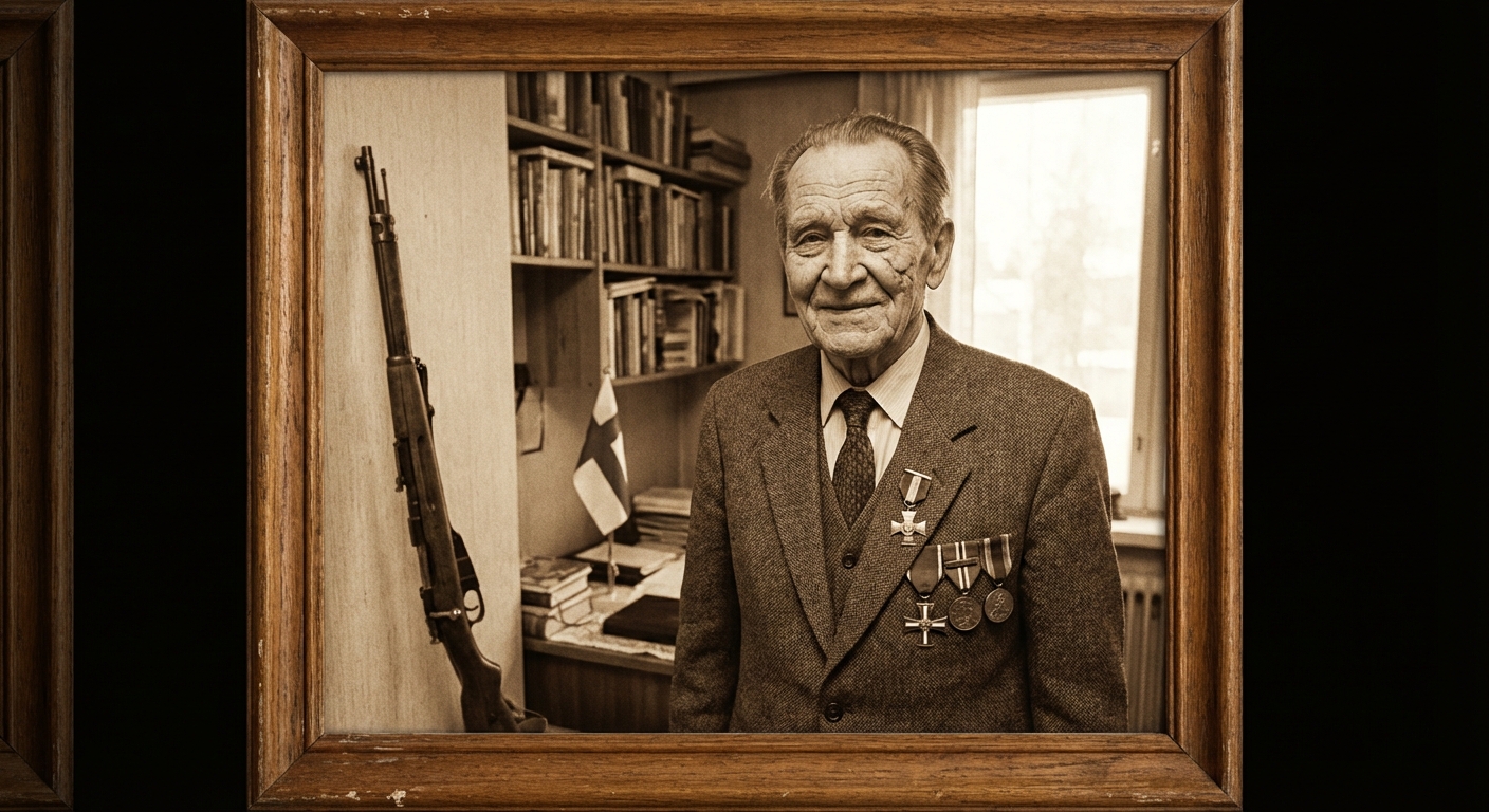 Elderly Simo Häyhä with his honorary rifle