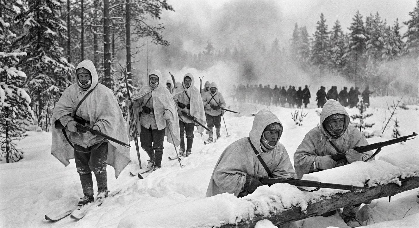 Hayha lies behind a snowbank with his iron-sighted rifle packed into the drift.