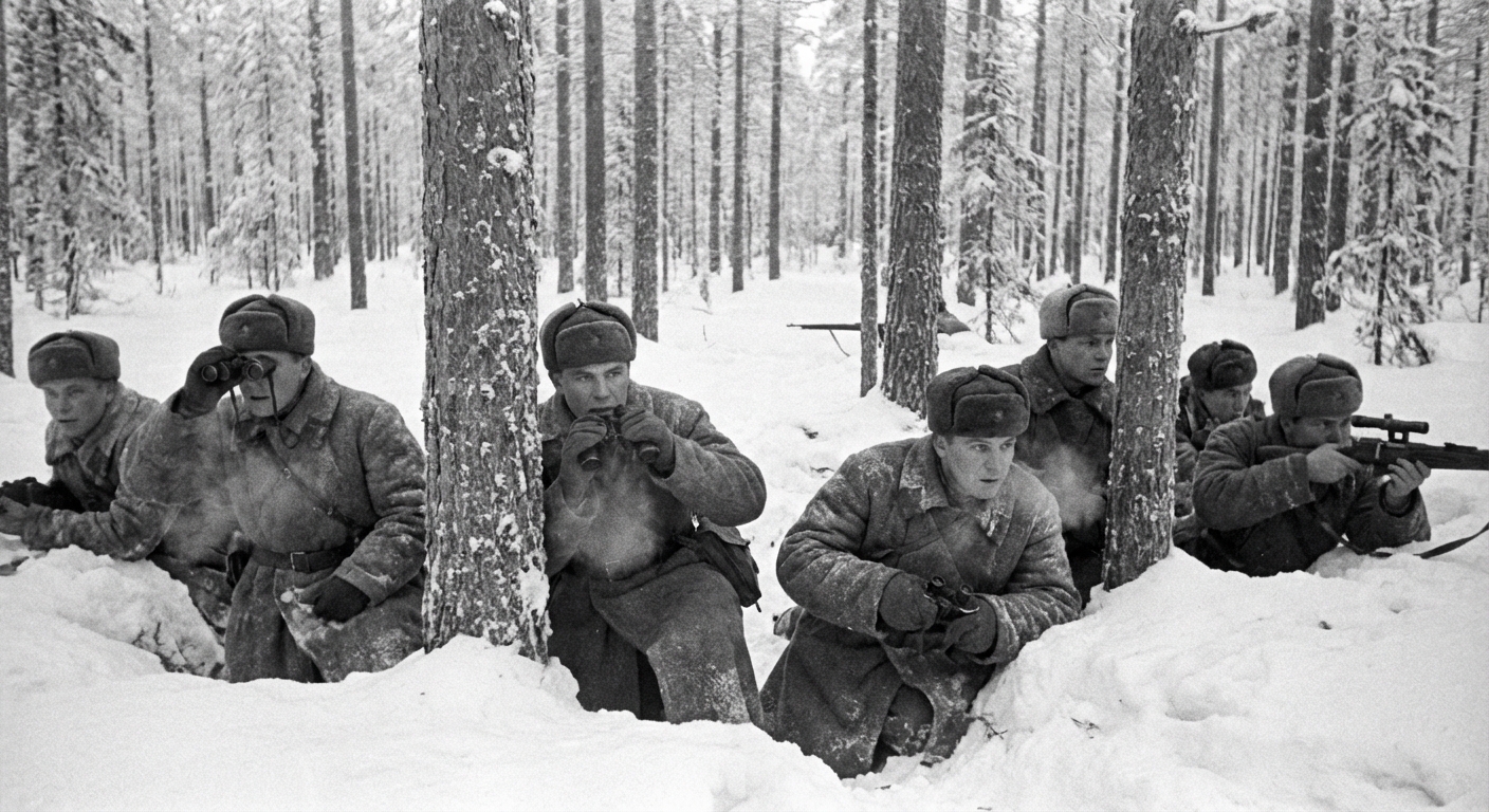 Mortars and artillery churn the forest as Soviet troops try to erase the sniper by weight of fire.