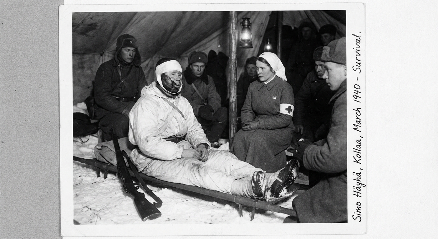 Medics carry the wounded sniper while the war around Kollaa keeps grinding on.