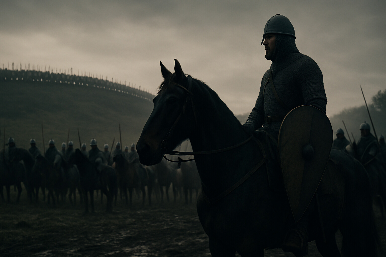 Cold open: Duke William of Normandy on horseback at dawn, silhouetted against a gray October sky, looking uphill toward the Saxon shield wall on Senlac Ridge. His knights cluster behind him. The ridge above is dense with men, shields, and the glint of axes.