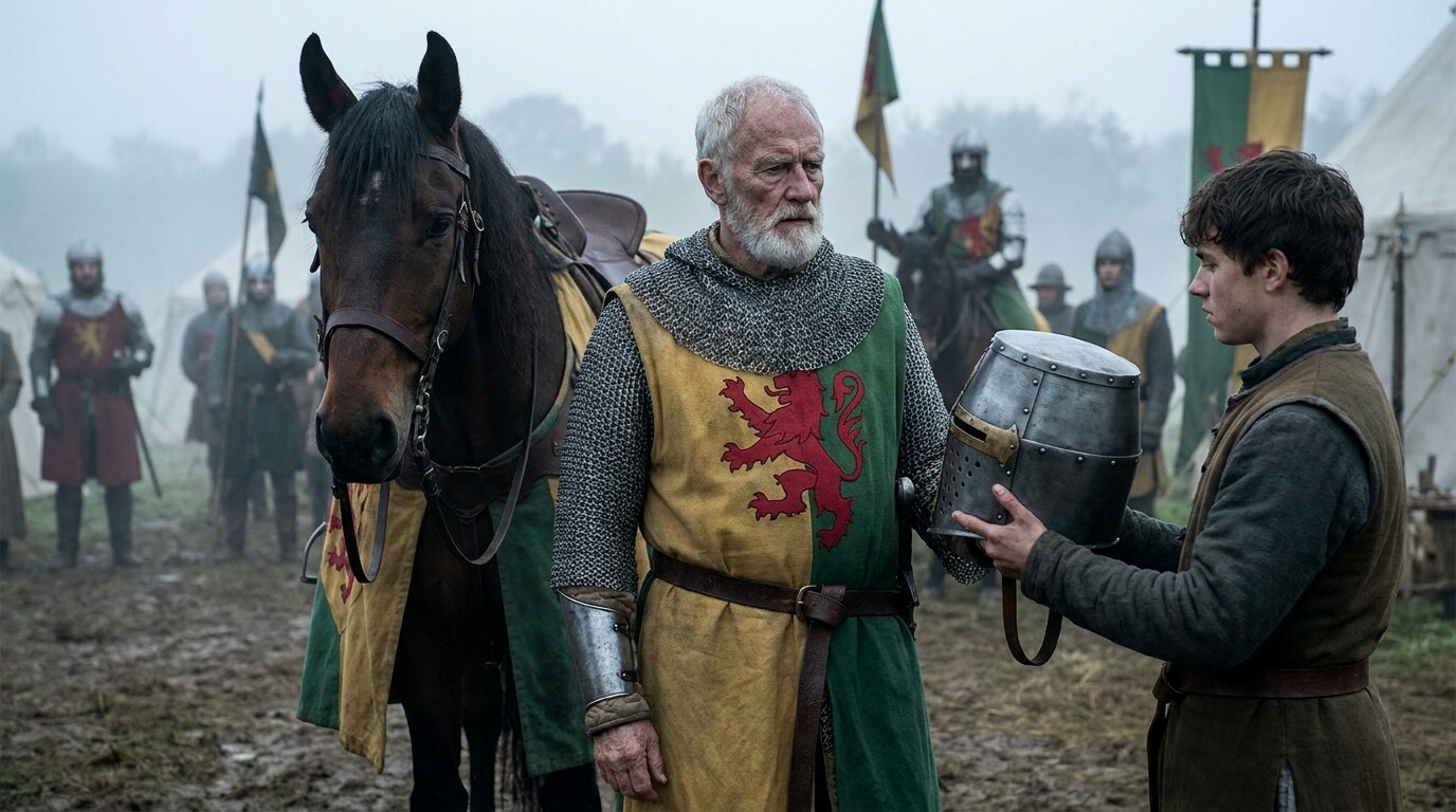 Cold open: William Marshal, a white-haired man of roughly seventy in full 13th-century mail armor, mounts his destrier in a pre-battle camp near Lincoln. Squires bustle around him. He is visibly old but upright, commanding. His heraldic surcoat — party per pale or and vert with a red lion rampant — is visible. A borrowed helmet is being handed to him by a squire. The mood is tense and purposeful, not triumphant.