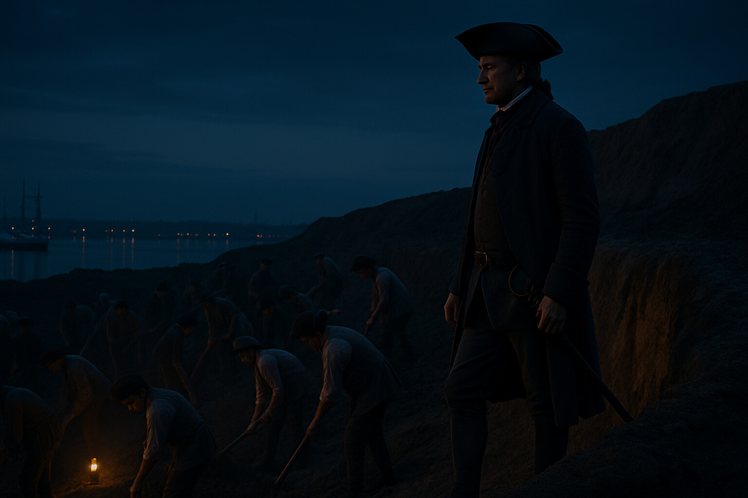 Hero/action scene: Colonel Prescott stands on the parapet of the unfinished earthwork redoubt in the pre-dawn darkness, coat on, sword at his belt, watching his men dig. The Charles River and the lights of Boston visible in the far background. The mood is tense, quiet, purposeful.