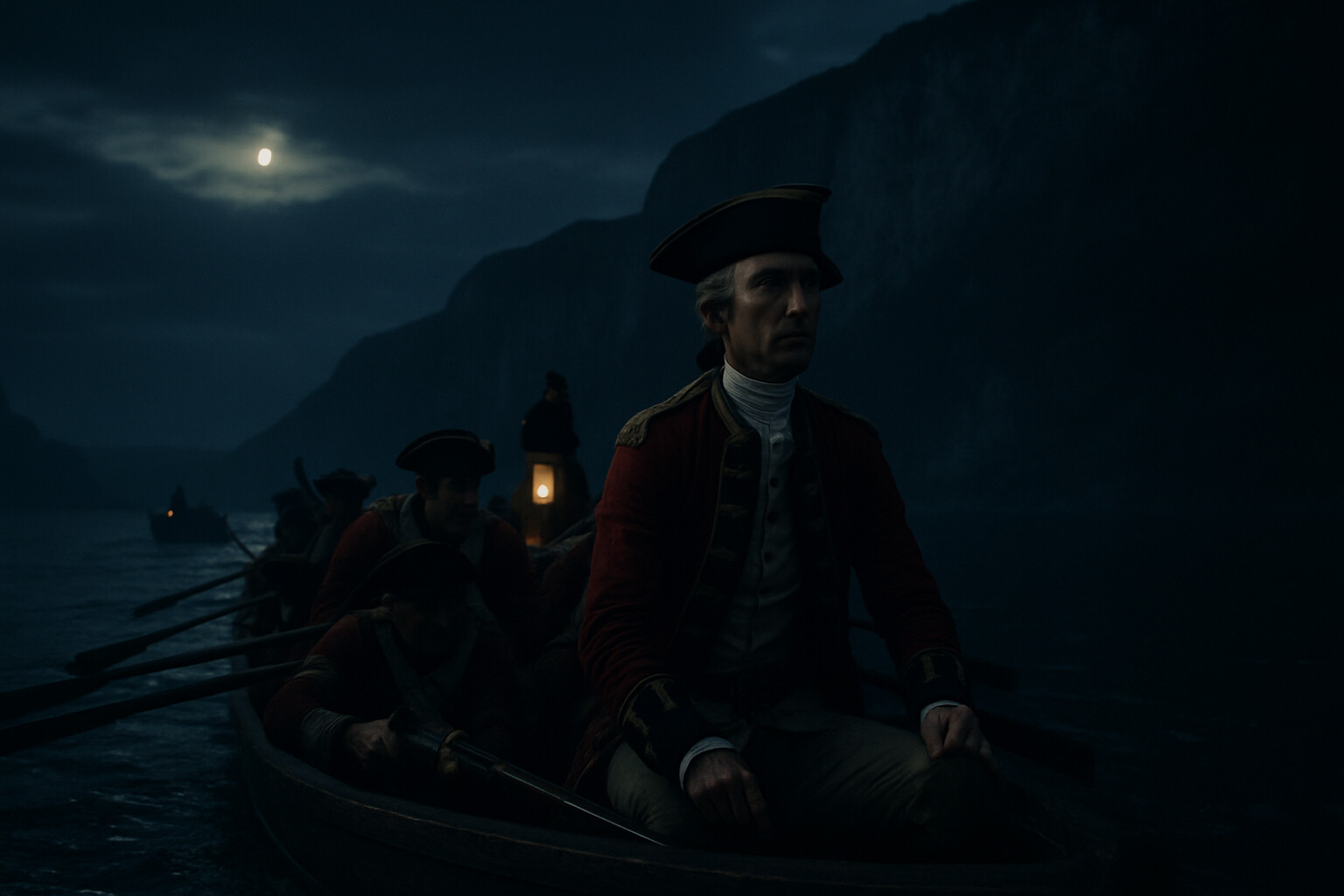 Cold open: British soldiers in longboats on the dark St. Lawrence River, moving silently toward the black cliffs. A few lanterns are shuttered. Wolfe is visible in the lead boat, standing or seated at the bow, in his red British army coat, pale and tense, watching the cliff face ahead. The moon is partially obscured. The river is very dark. The Quebec cliffs loom against a faint pre-dawn sky.