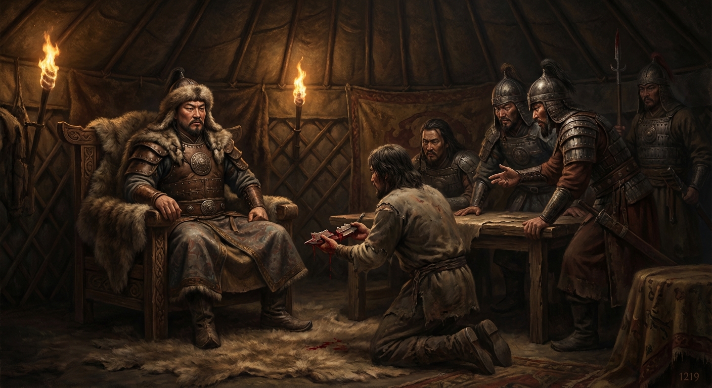 Mongol army marching across Central Asia