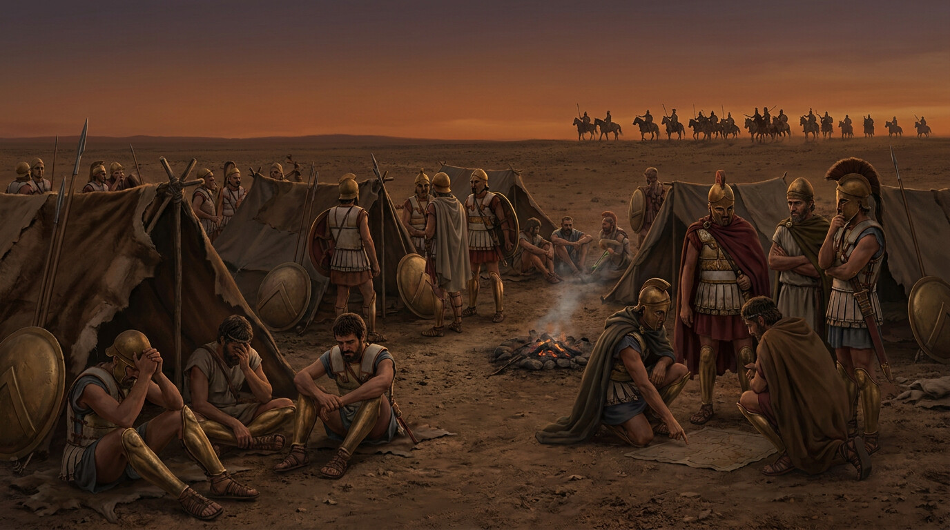 Cold open: the moment after the generals' massacre. A Greek mercenary camp at dusk on the Mesopotamian plain. Soldiers in bronze armor and crested helmets stand in clusters, some sitting on the ground in visible shock. Officers speak in low voices. Persian cavalry are visible at a distance on the horizon, watching. The light is fading. The mood is one of profound uncertainty.
