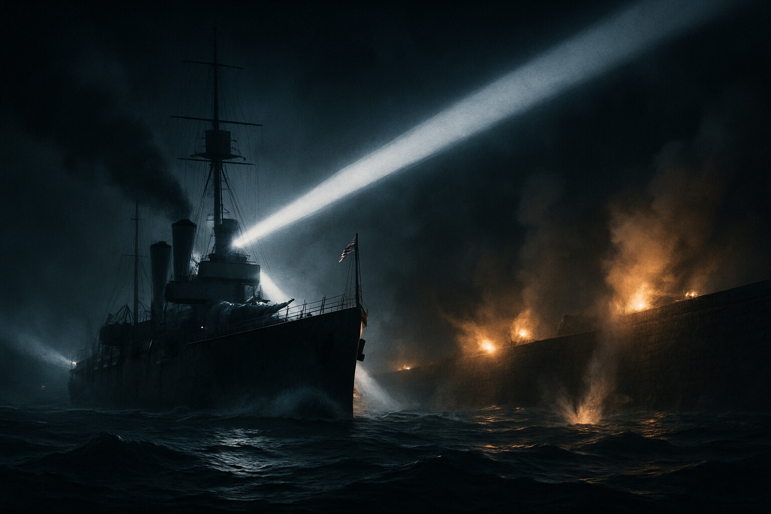 Cold open: HMS Vindictive approaching the Zeebrugge Mole at night, caught in German searchlights, with gun flashes and smoke around her