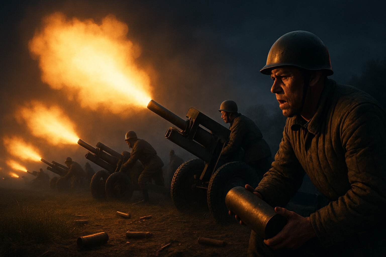 Hero/Action panel: Soviet artillery opens fire in the pre-dawn darkness of July 5, 1943 — the preemptive strike before the German offensive begins. Muzzle flashes light the horizon, shells arc into the darkness, and Soviet artillerymen work the guns in the half-light.