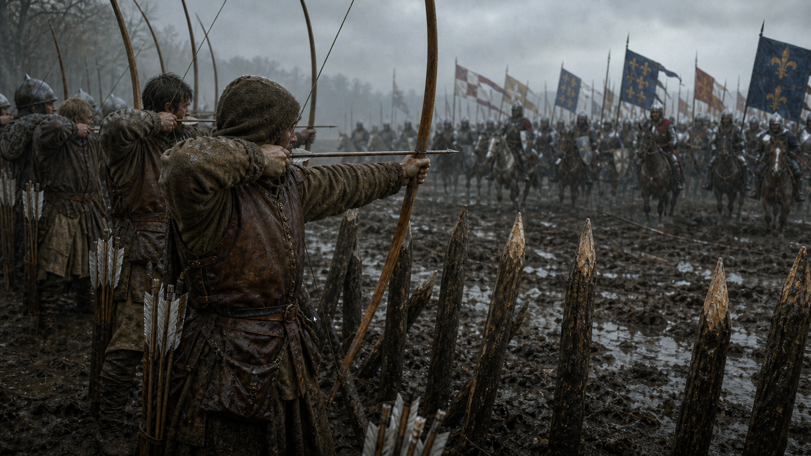 English archers behind stakes drawing longbows at Agincourt