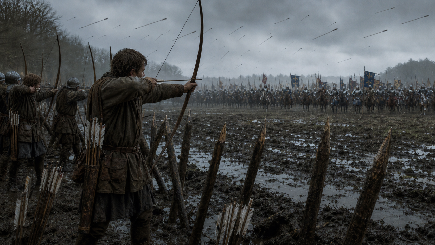 English longbowmen at Agincourt behind stakes in the mud