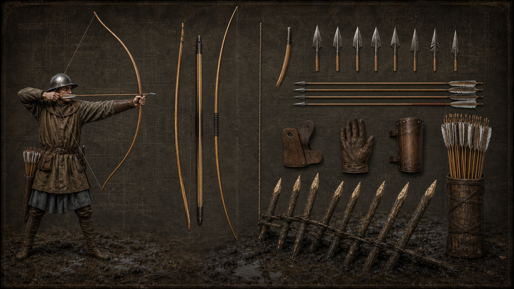 Technical plate of English longbow system with archer, arrows, and stakes