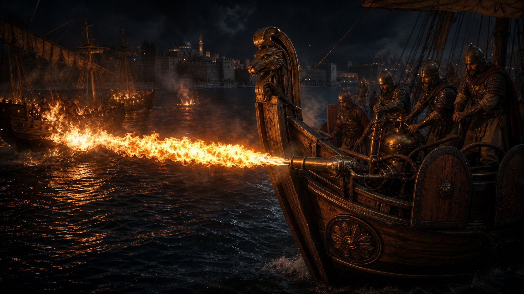Byzantine dromon projecting Greek Fire at sea