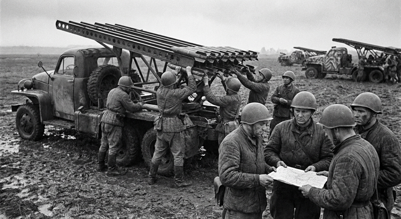 Katyusha battery preparing rockets
