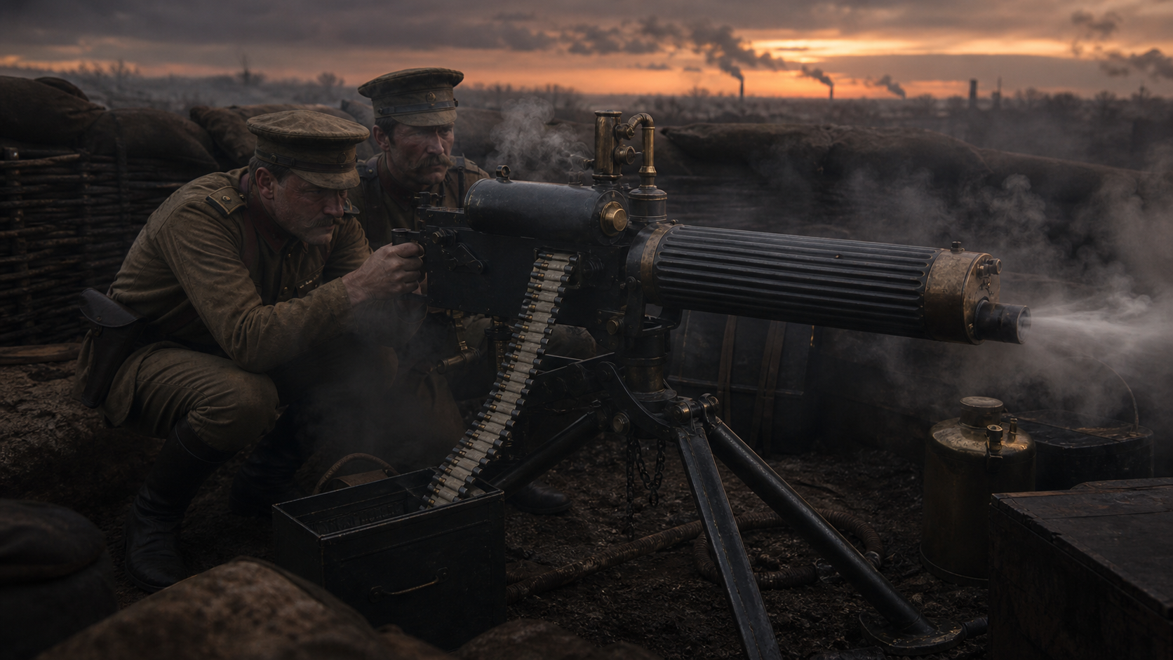 Maxim machine gun crew firing from a prepared field position