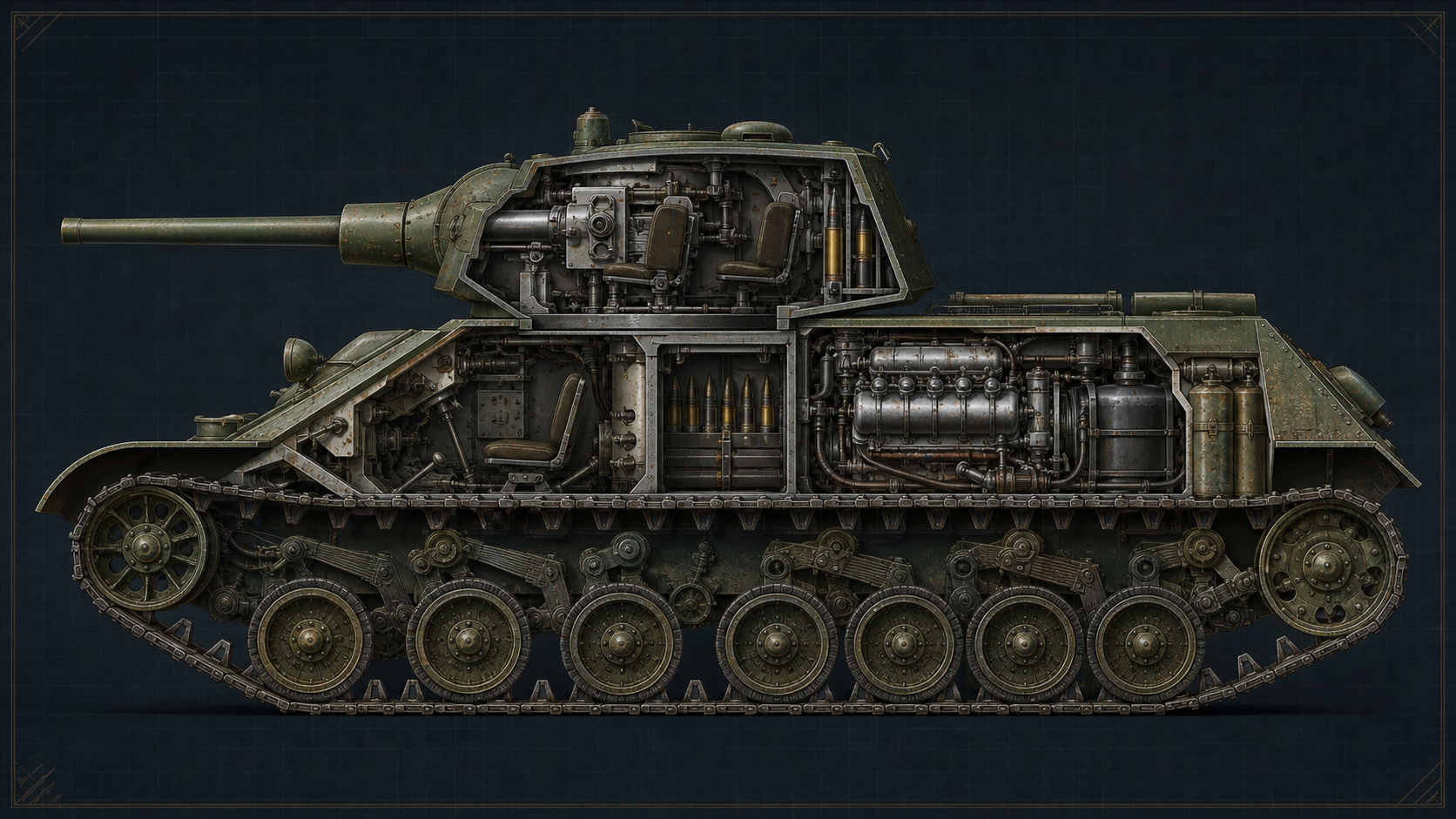 Technical cutaway of a Soviet T-34 medium tank