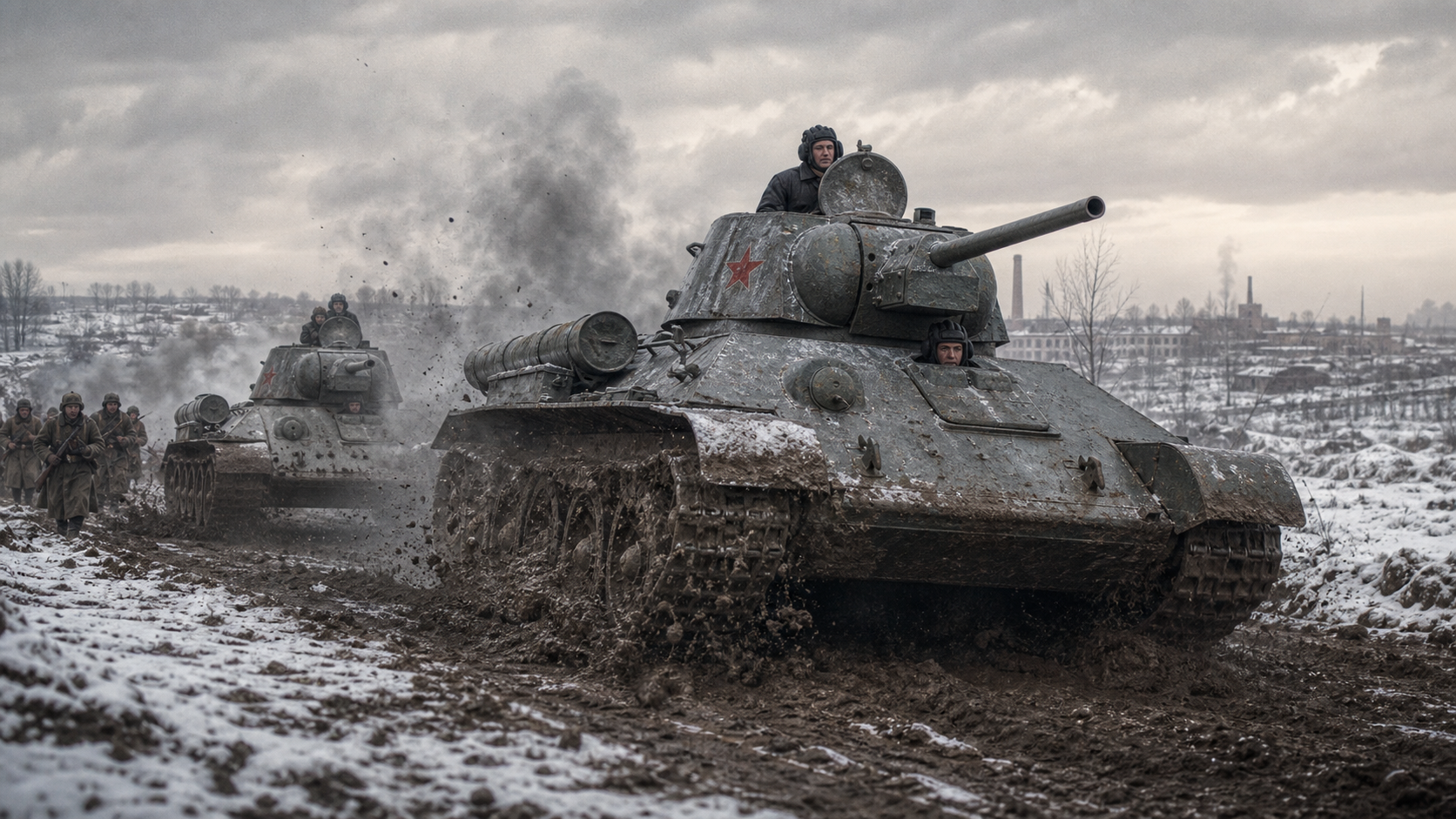 Soviet T-34 tanks advancing through mud and snow on the Eastern Front