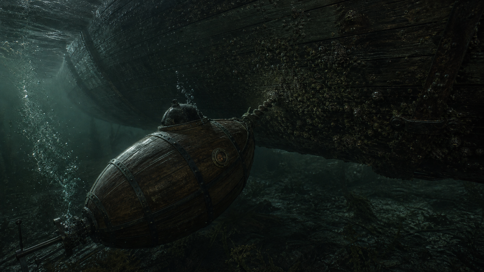 The Turtle failing to attach its boring screw beneath HMS Eagle