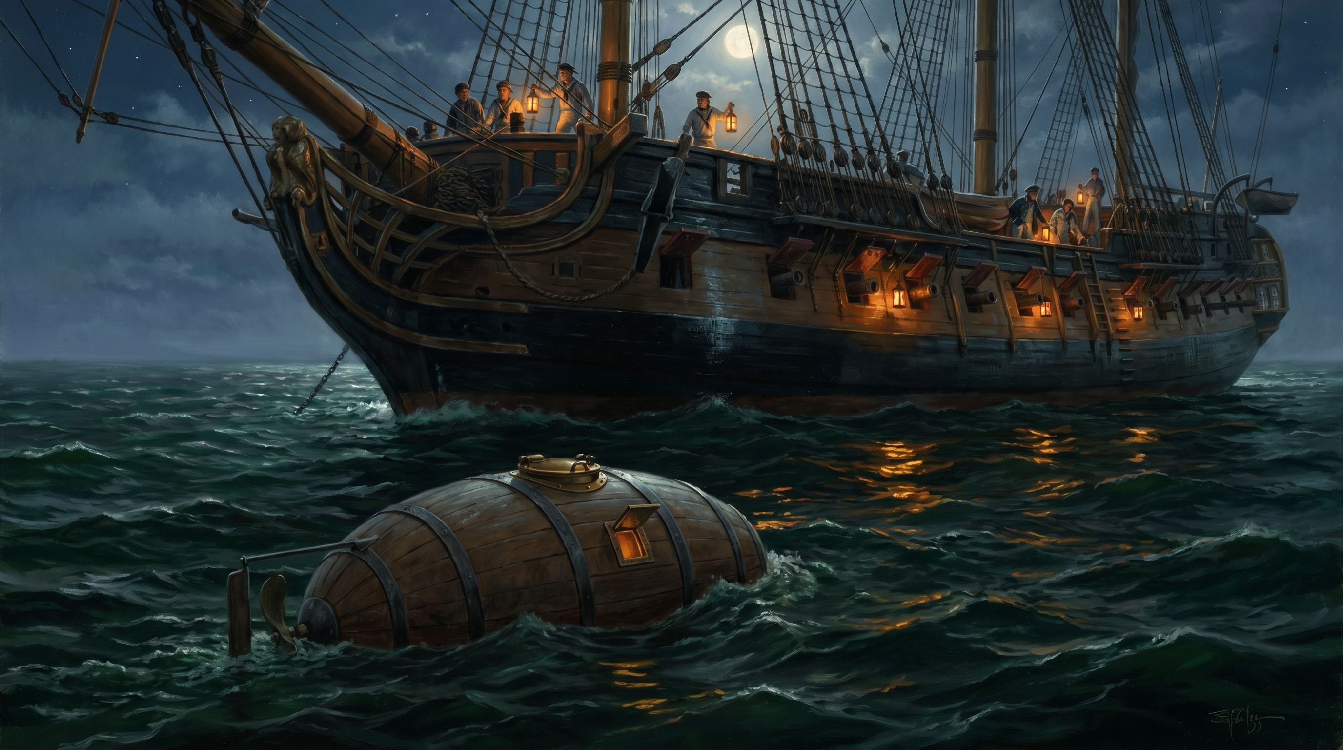 The Turtle submersible approaching HMS Eagle at night