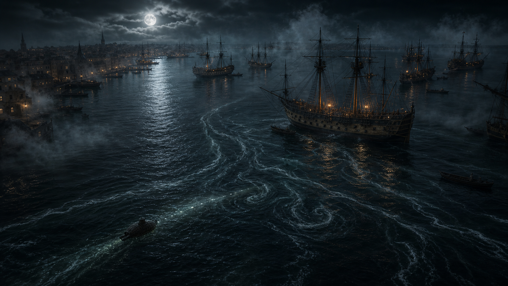 Cinematic view of New York Harbor and the British fleet at night